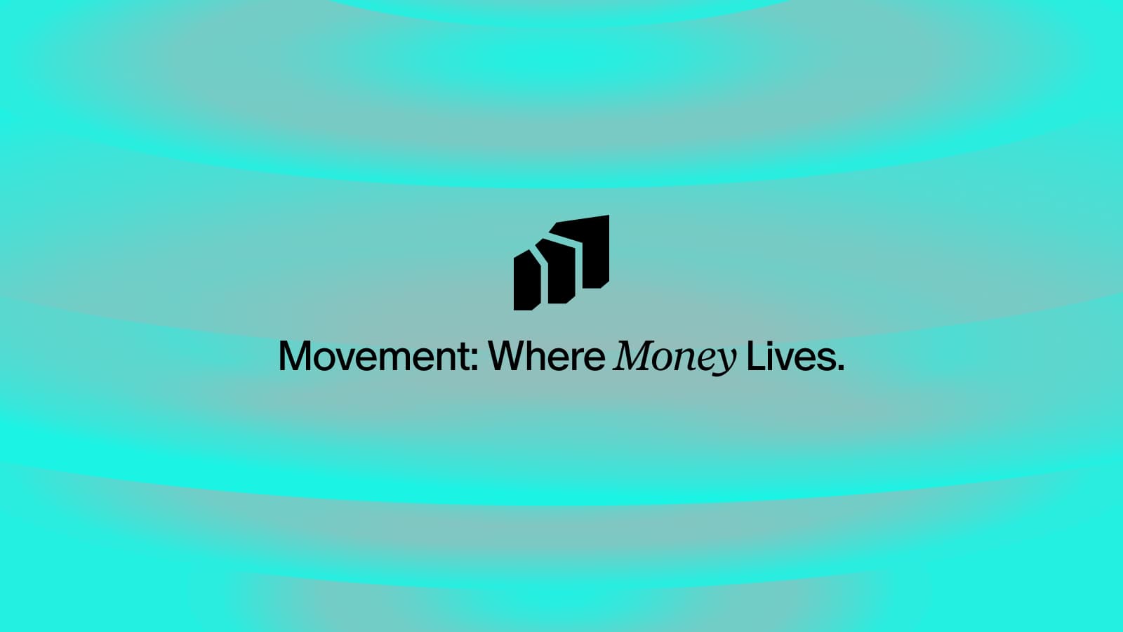 Movement: Where Money Lives. Logomark on the cyan brand background.