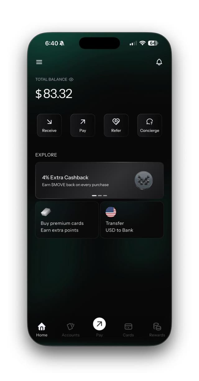 Kast home screen showing balance and cashback banner