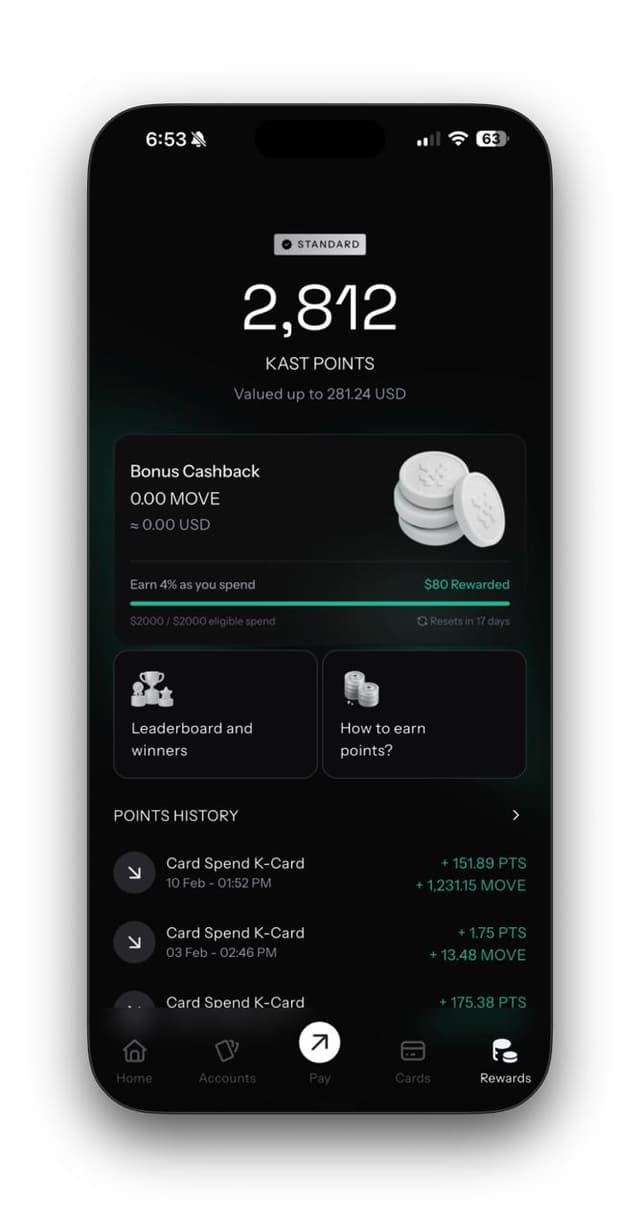 Kast rewards page showing points and MOVE cashback balance