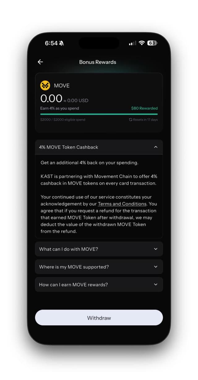 Bonus Rewards page with MOVE balance and Withdraw button