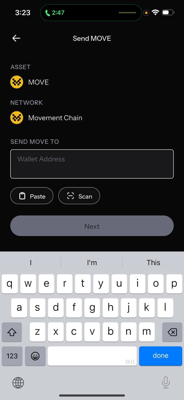 Send MOVE screen with wallet address input and Paste button
