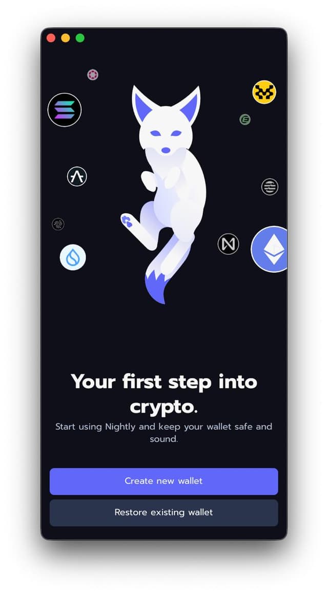 Nightly Wallet welcome screen with Create and Restore options