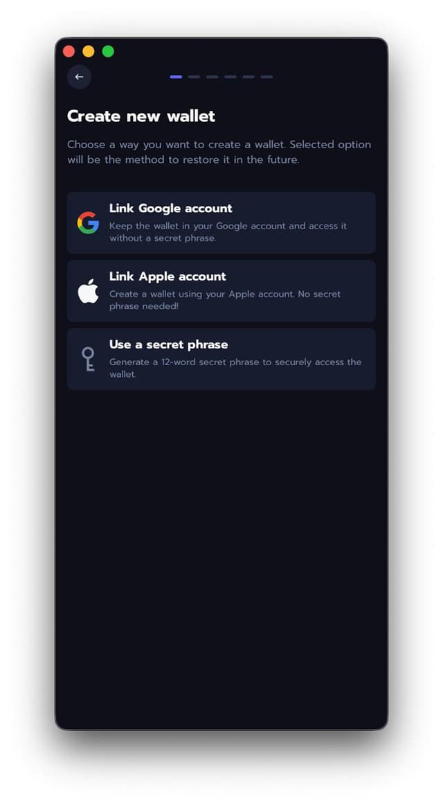 Wallet creation options showing Google, Apple, and secret phrase methods