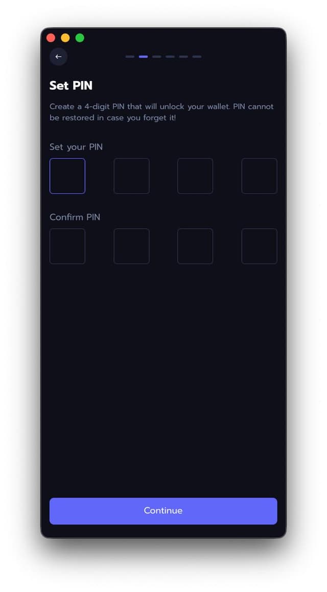 Set PIN screen with 4-digit input fields