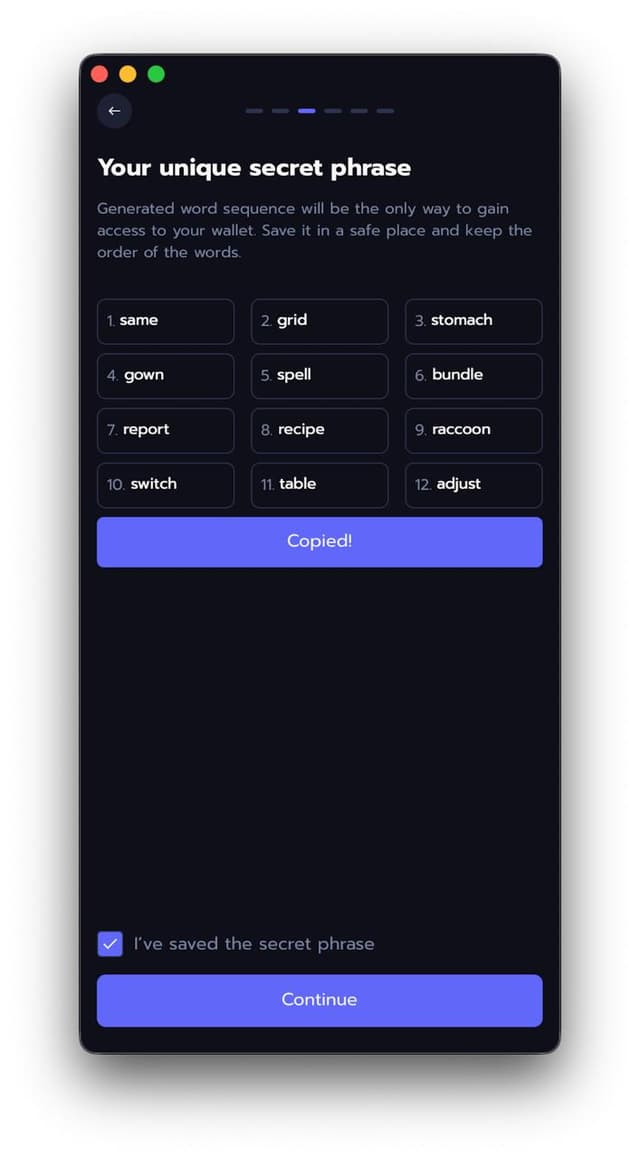 12-word secret phrase backup screen