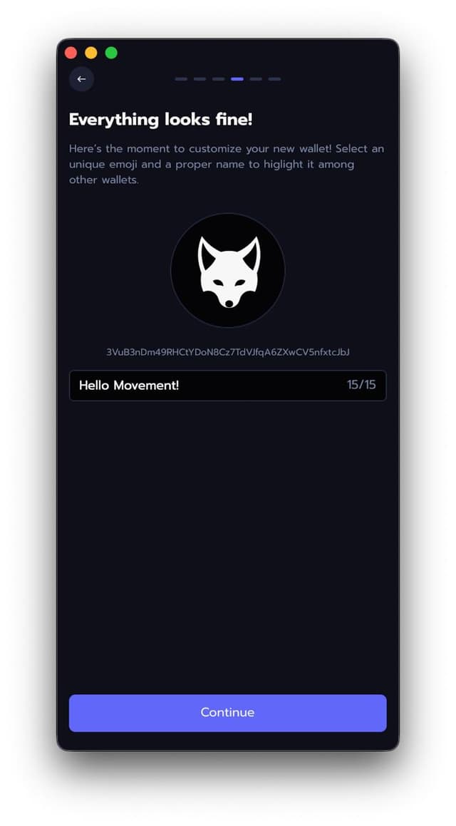 Wallet customization screen with name and emoji