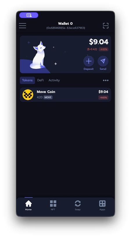 Nightly wallet dashboard showing Movement Network connection with MOVE token