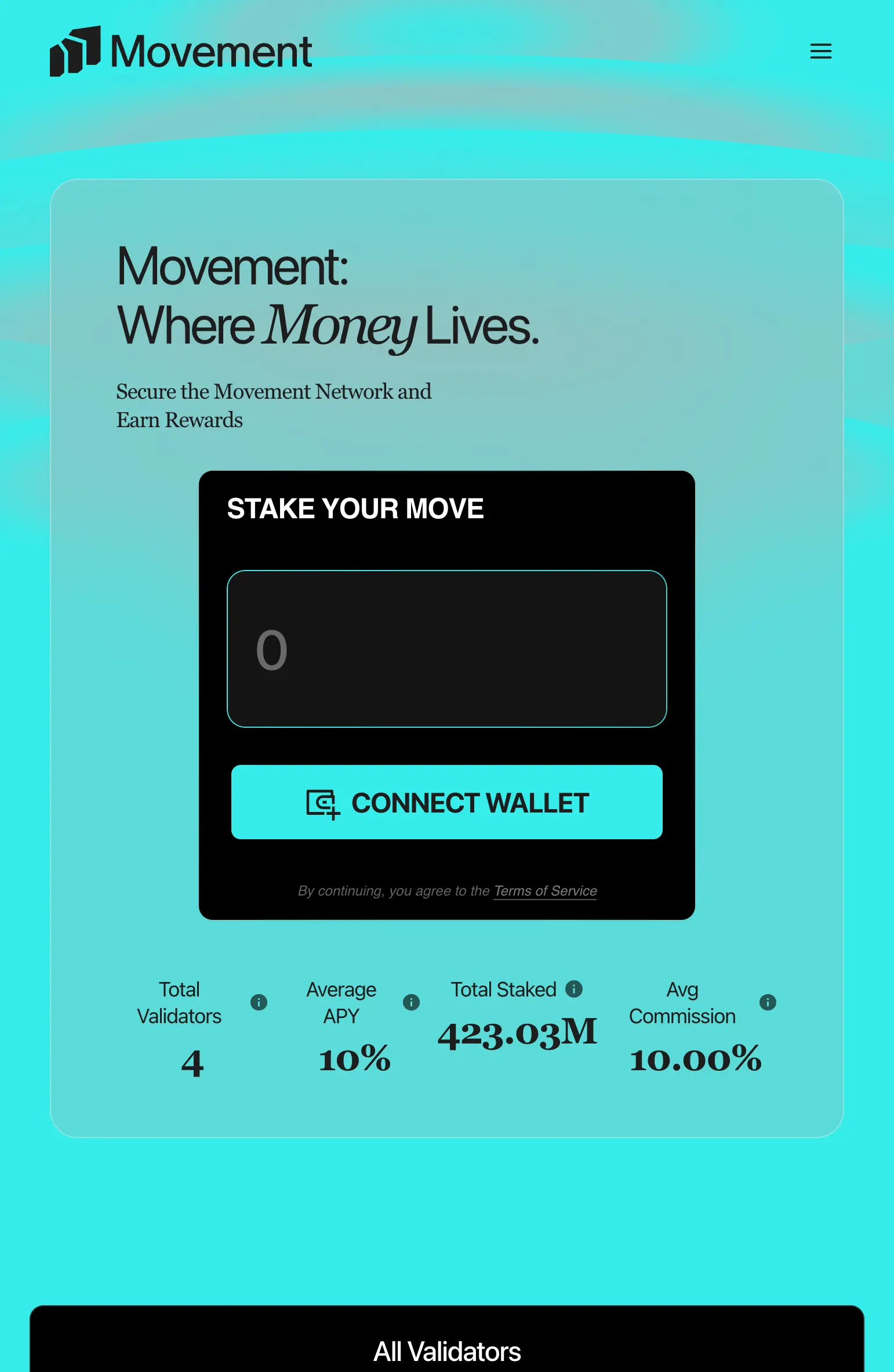 Movement Network staking page with Connect Wallet button