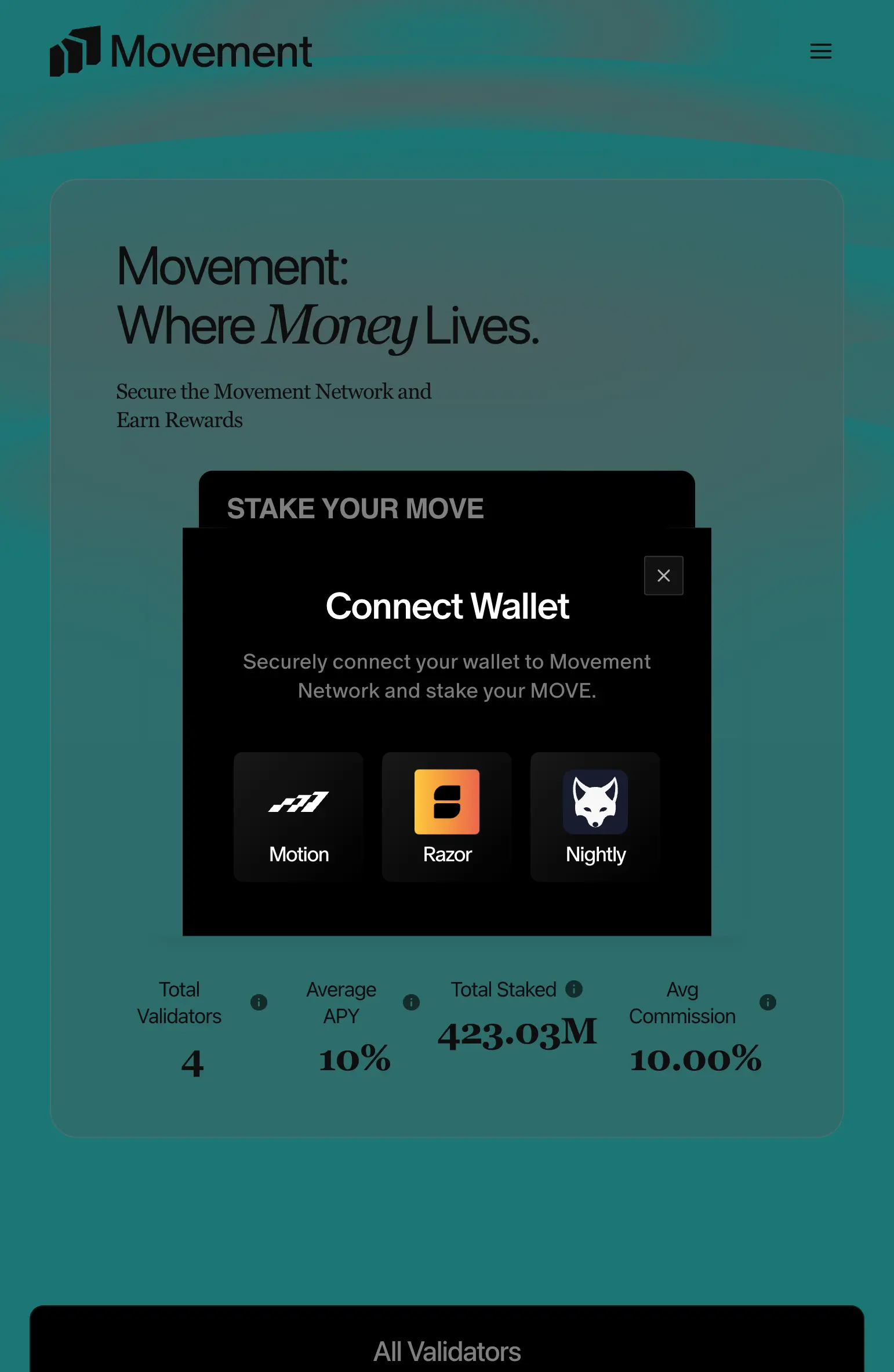 Movement Network staking page with Connect Wallet button
