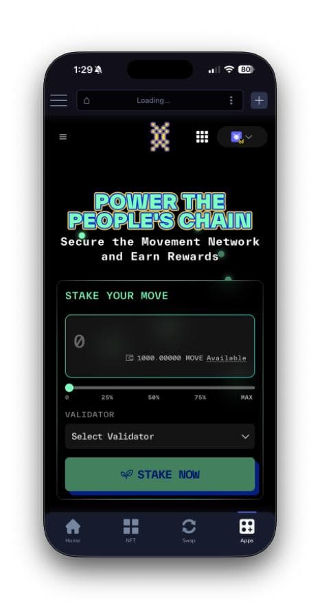 Staking interface with amount and validator selected
