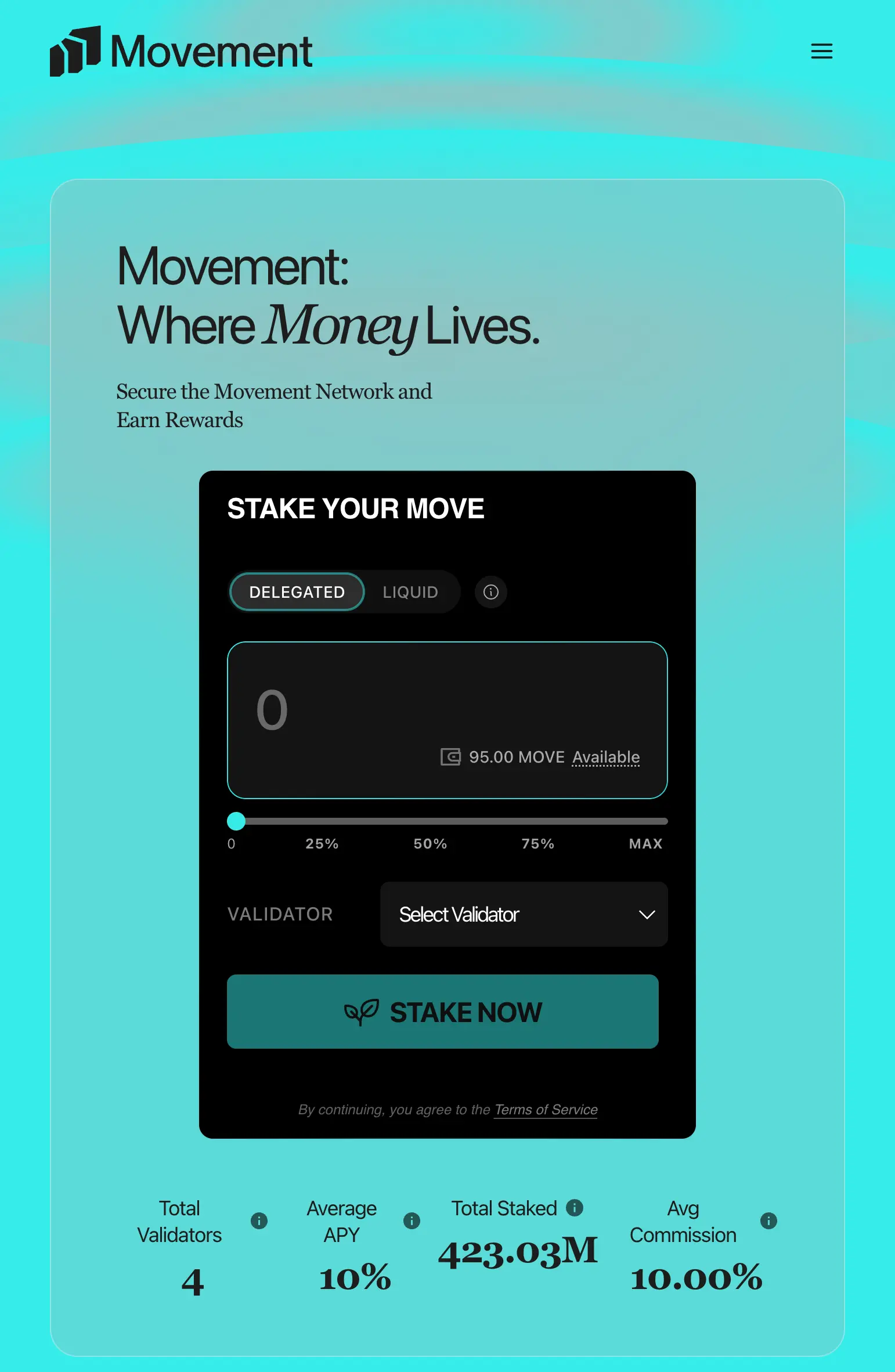 Staking interface with amount and validator selected