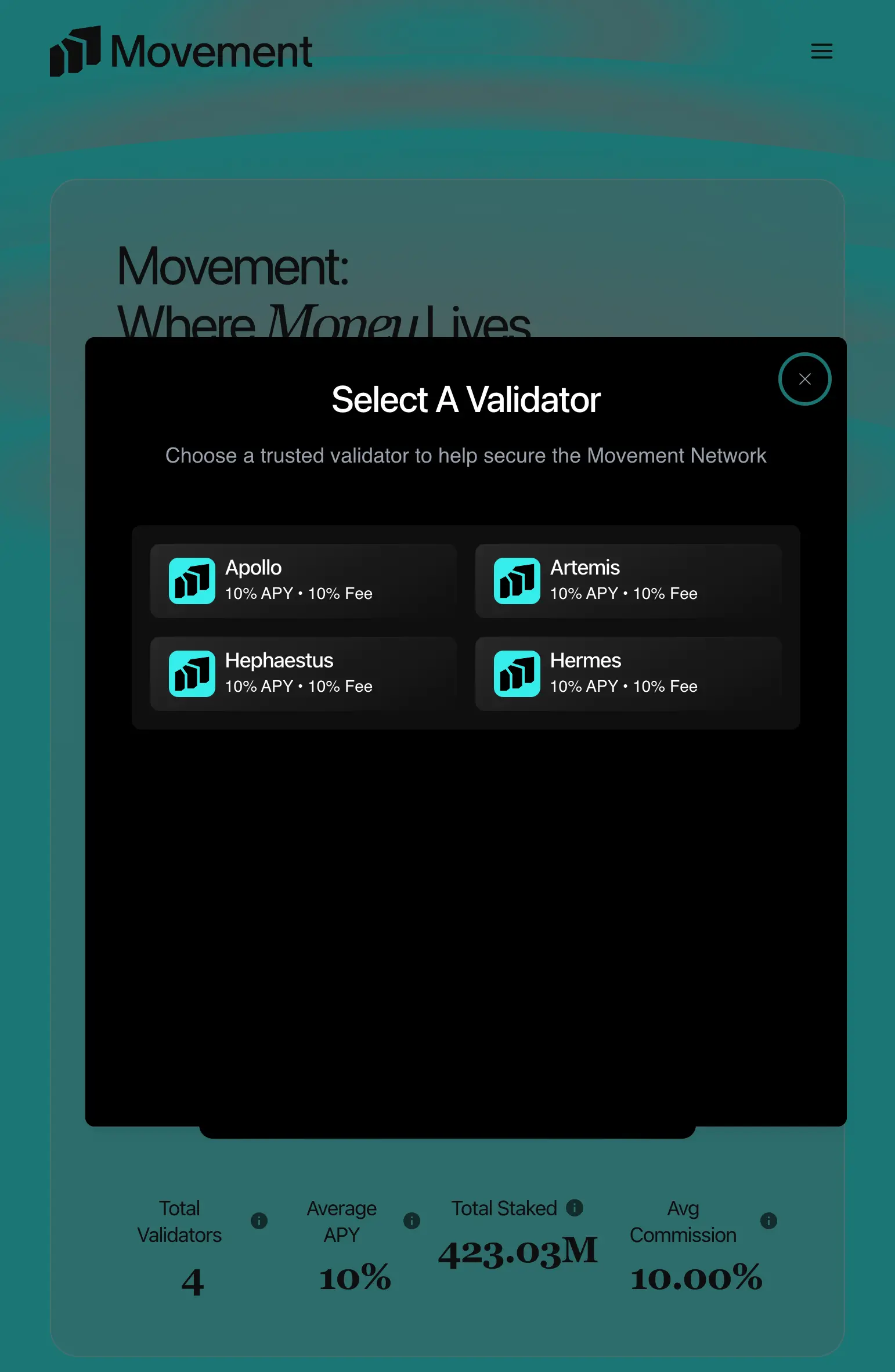 Staking interface with amount and validator selected
