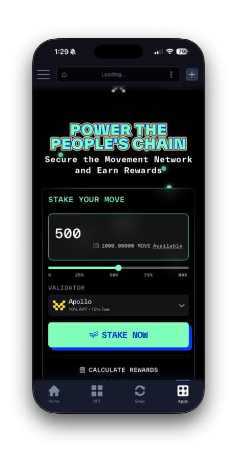 Staking interface with amount and validator selected