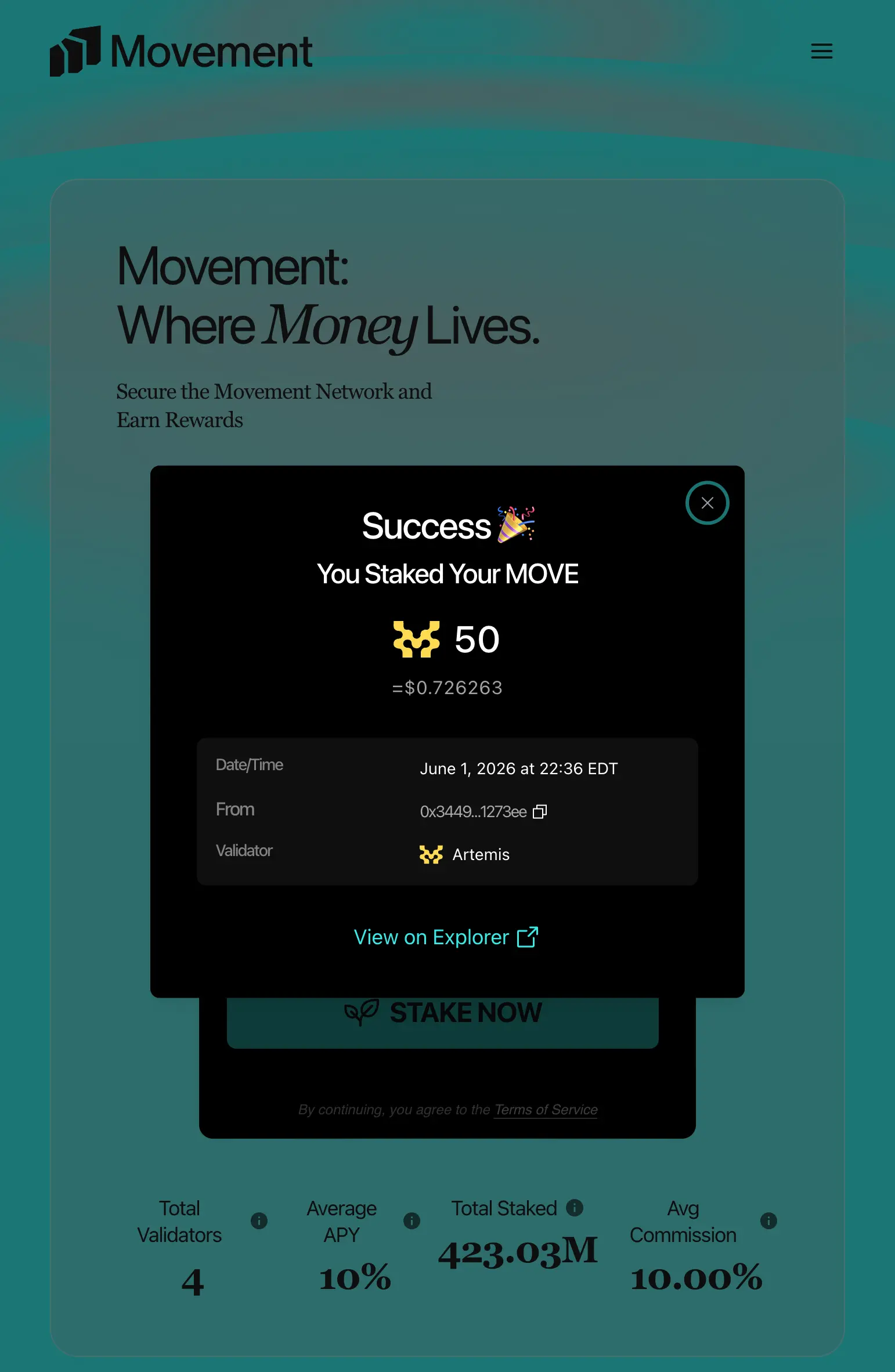 Staking interface with amount and validator selected