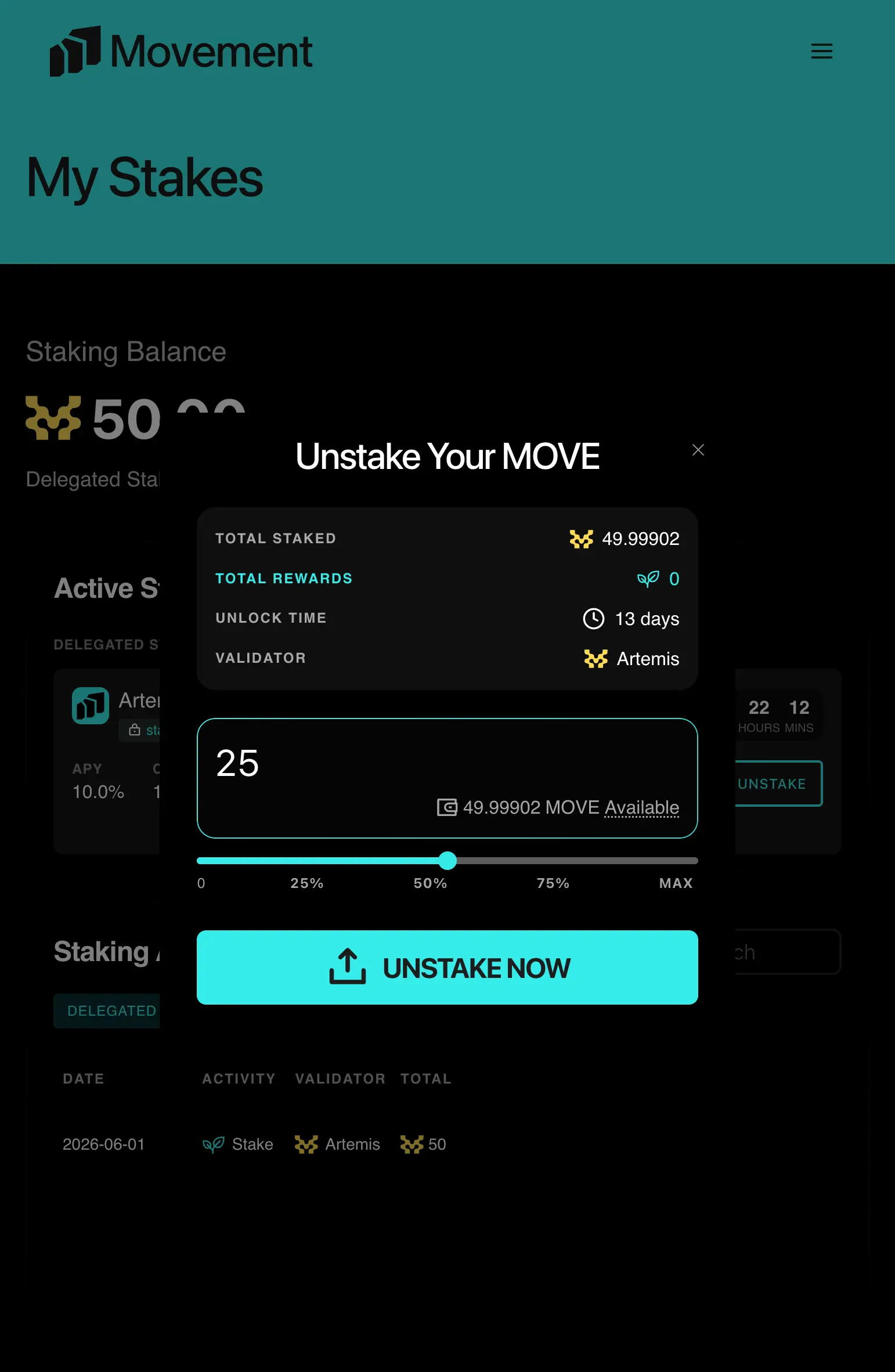 Unstake your MOVE tokens and withdraw screen