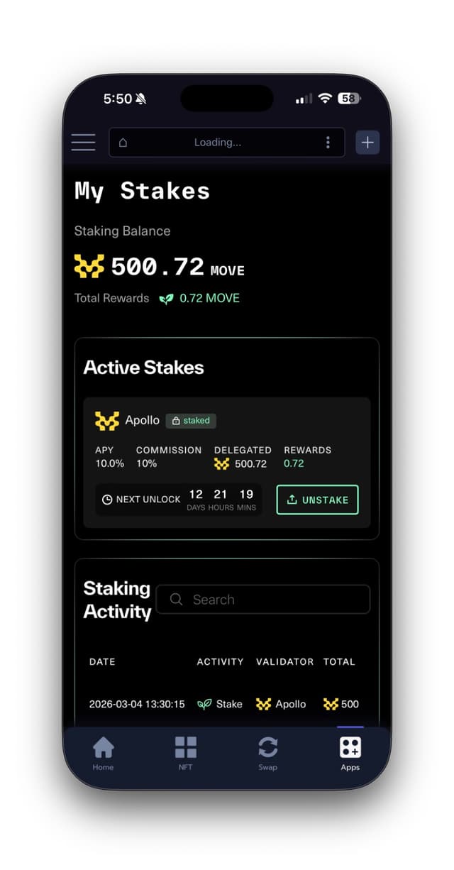 Success screen showing staked MOVE confirmation