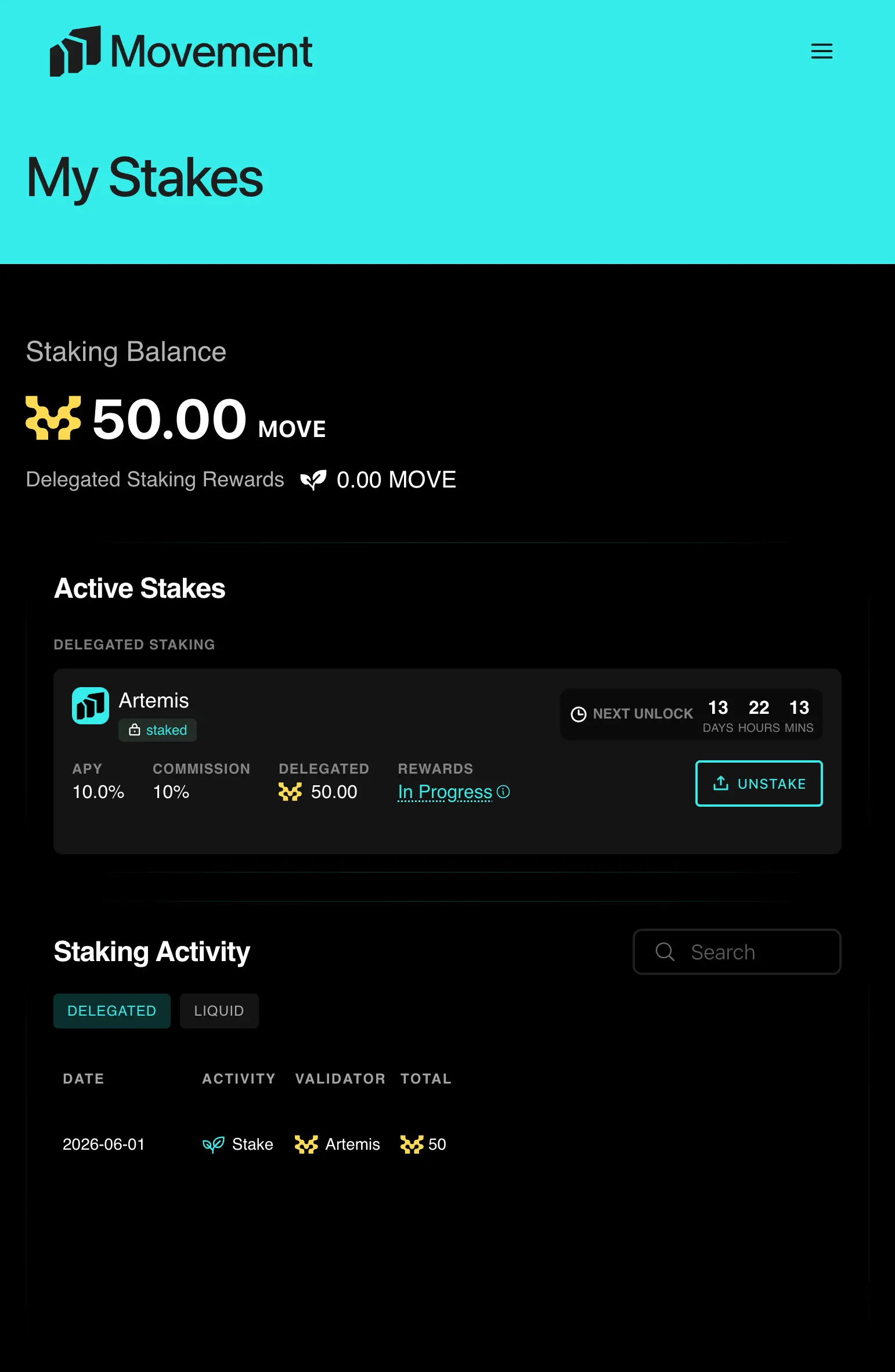 Success screen showing staked MOVE confirmation
