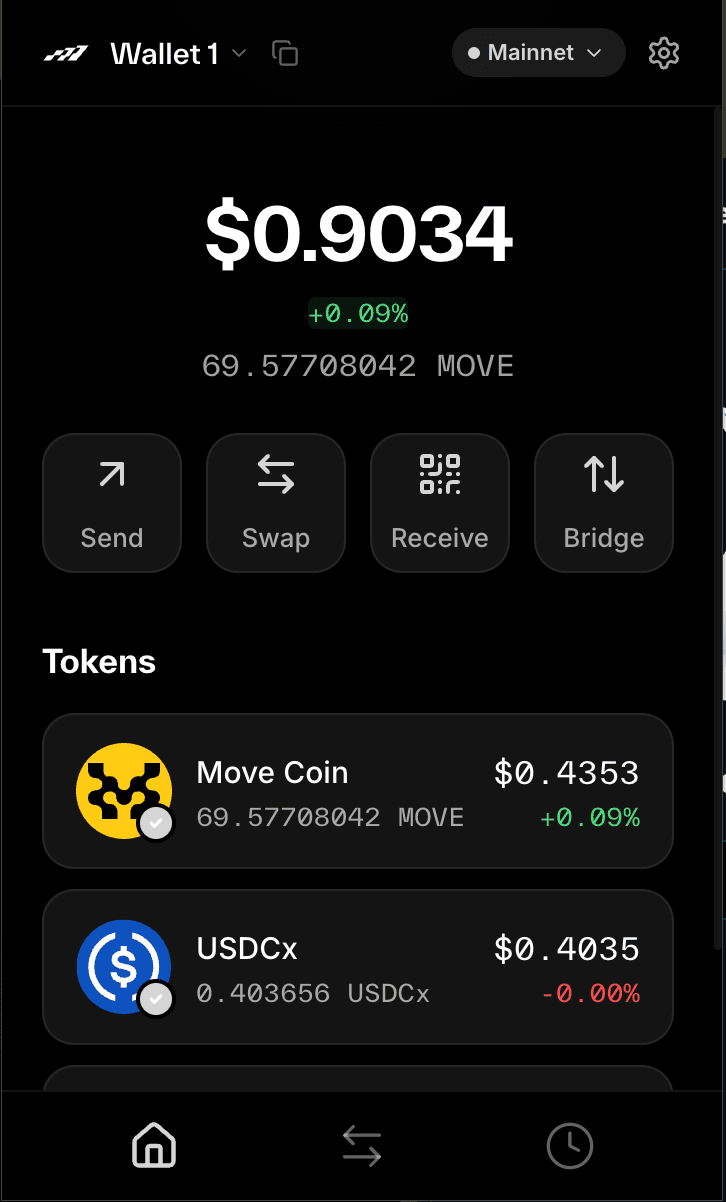Motion Wallet home screen and Add Wallet dropdown
