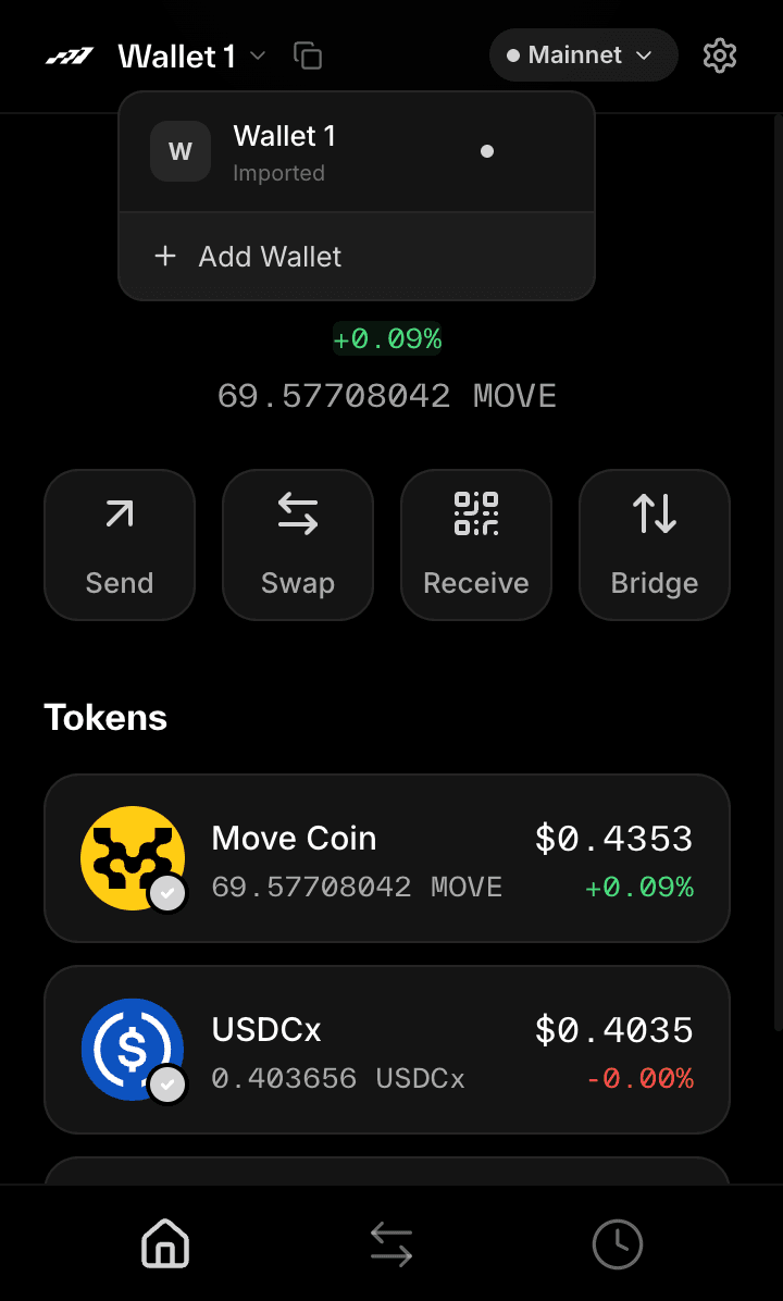 Motion Wallet home screen and Add Wallet dropdown