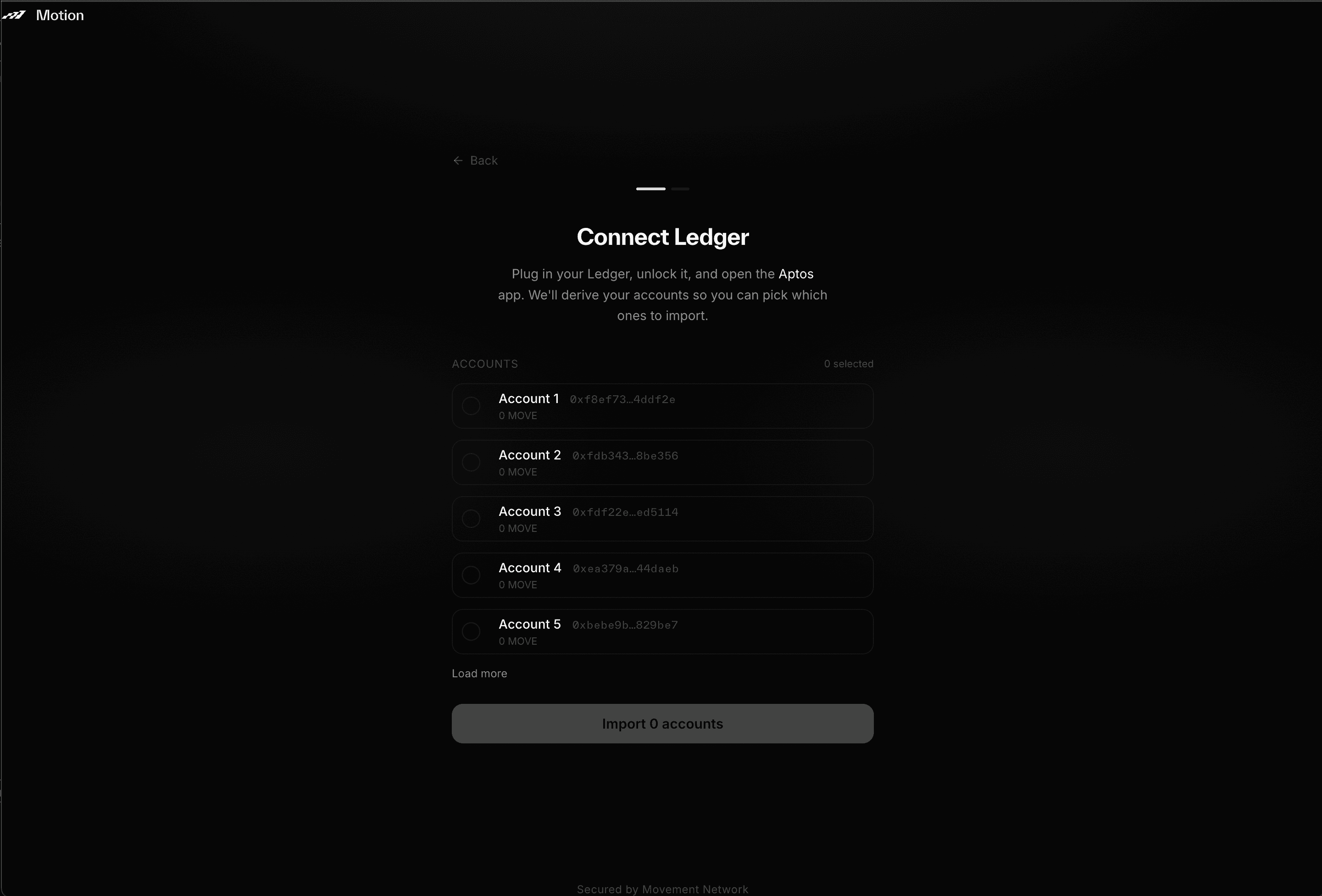 Ledger account selection with Import button