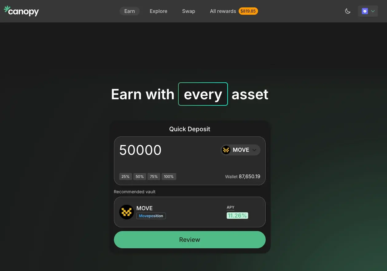 Canopy earn vaults interface